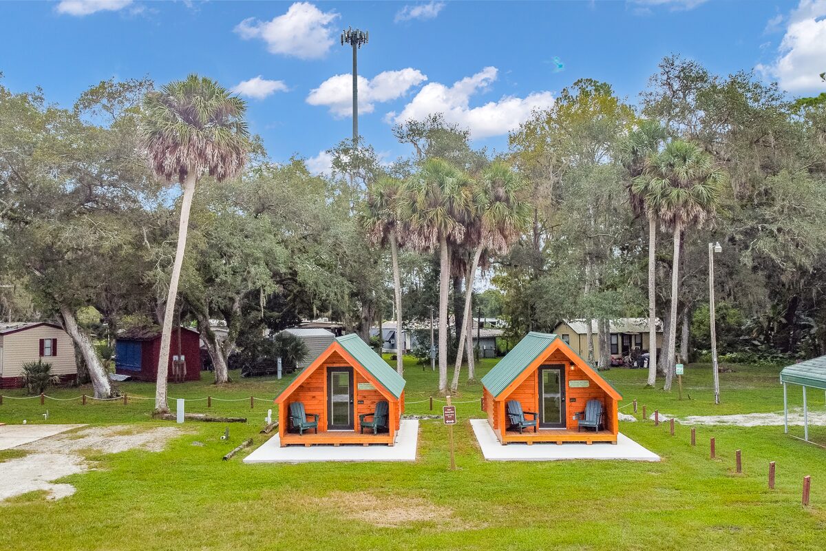 Aerial view of two rental cabins